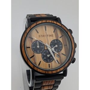 Stay Fine Wood Chronograph Quartz Watch Men 44mm Case 7" Band- New Battery